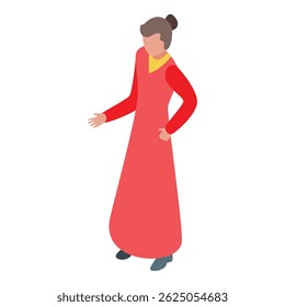 Woman in a long, red dress is gesturing with one hand while standing with the other hand on her hip