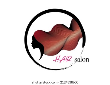 woman long red hair style icon, round circle logo women portrait fashion wave style vector isolated on white background