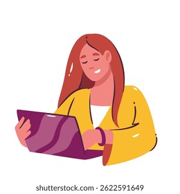 Woman with long red hair using laptop, dressed in yellow shirt and smiling. Modern cartoon doodle style for education, remote work, website, or app. Vector illustration.