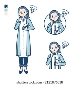 A woman in a long shirt with Holding a smartphone and troubled images.It's vector art so it's easy to edit.