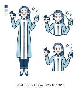 A woman in a long shirt with Holding a smartphone and doing an OK sign images.It's vector art so it's easy to edit.