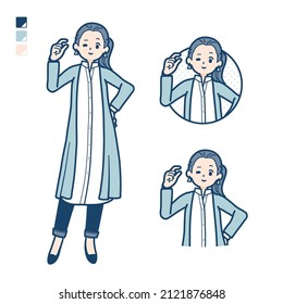 A woman in a long shirt with Just a bit Hand sign images.It's vector art so it's easy to edit.