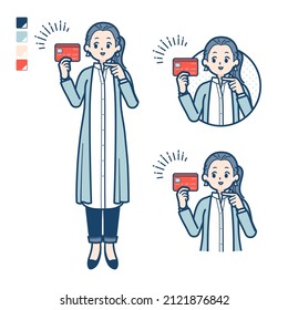 A woman in a long shirt with pointing at credit card images.It's vector art so it's easy to edit.