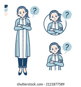 A woman in a long shirt with Question images.It's vector art so it's easy to edit.