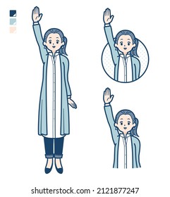 A woman in a long shirt with raise hand images.It's vector art so it's easy to edit.