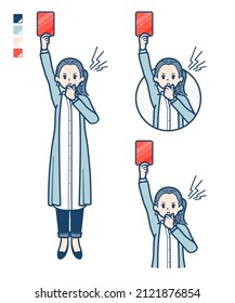 A woman in a long shirt With a red card images.It's vector art so it's easy to edit.