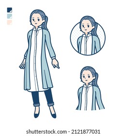 A woman in a long shirt with Relaxed pose images.It's vector art so it's easy to edit.