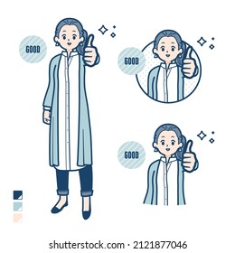 A woman in a long shirt with Thumbs up images.It's vector art so it's easy to edit.