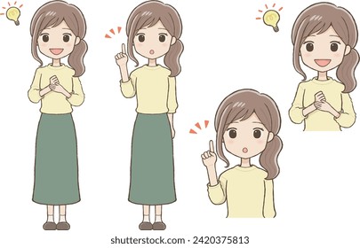 Woman in a Long Skirt Coming Up with an Idea (Two Expressions)