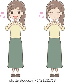 Woman in Long Skirt Making a Heart Shape with Hands, Two Expressions