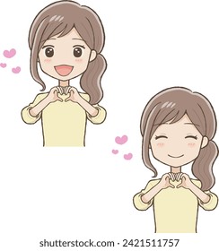 Woman in Long Skirt Making a Heart Shape with Hands, Two Expressions(Upper Body)