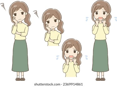 Woman in a long skirt with a troubled and anxious expression.