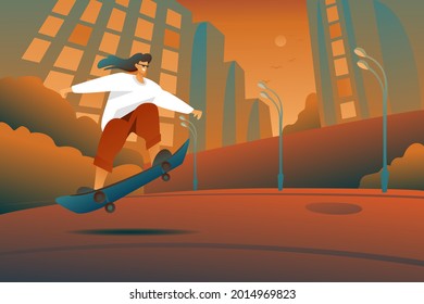 A woman in long sleeve makes an ollie on a skateboard, a girl rides around the city on a skateboard against the background of abstract houses and the sunset. A road on the background of street lights.