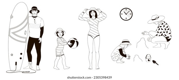 woman in a long sleeve swimsuit and man in a sportswear with surfboard, boy and girl in protective clothes against the solar radiation and UV ultraviolet on the beach and during water sport 