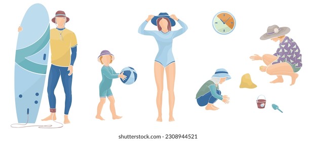 woman in a long sleeve swimsuit and man in a sportswear with surfboard, boy and girl in protective clothes against the solar radiation and UV ultraviolet on the beach and during water sport 
