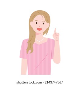 A Woman With Long Straight Hair And A Pink Shirt Is Pointing Her Finger At Something And Talking. Flat Design Style Vector Illustration.