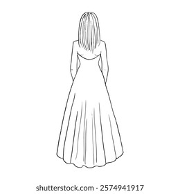 woman with long straight hair standing with back in long bustier dress - hand drawn line art