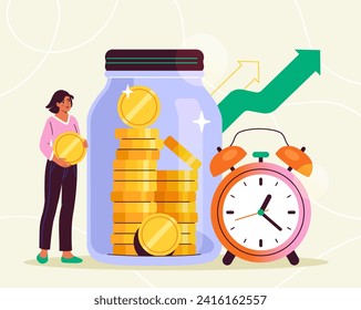Woman with long term investment concept. Young girl near clocks and glass jar with golden coins. Financial literacy and passive income. Cartoon flat vector illustration isolated on yellow background