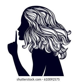 Woman with long, wavy hair making the silence sign with the forefinger in front of her lips.Vector illustration.