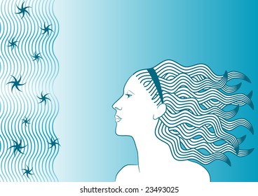 Woman with long wavy hair on the green decorative backgrond