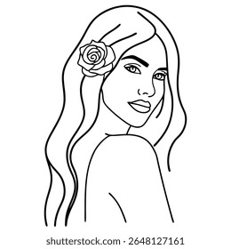 Woman with long wavy hair and rose portrait line art