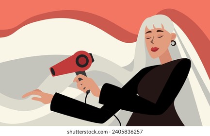 Woman with long white hair dries her hair with a hair dryer. The concept of cleanliness, freshness and self-care. Daily routine. Vector horizontal illustration.