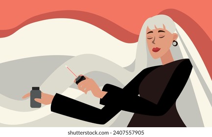 Woman with long white hair uses hair oils. The concept of cleanliness, freshness and self-care. Daily routine. Vector horizontal illustration.