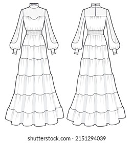 Woman long-sleeve Dress fashion flat technical drawing template. Vintage tiered Evening maxi Dress fashion flat design front and back, white.