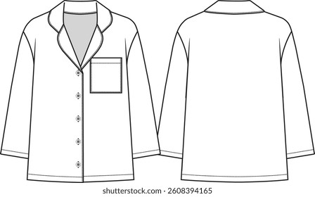Woman Long-Sleeve Flannel Pajama Top with a full button closure, collar and left chest pocket, straight hem, sketch front and back, vectors