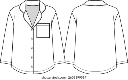 Woman Long-Sleeve Flannel Pajama Top with a full button closure, collar and left chest pocket, curved hem, sketch front and back, vectors