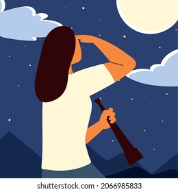 woman look distance holding a telescope