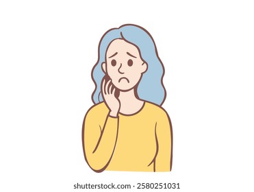 woman look in mirror find grey hair scared of early aging. Worried unhappy female feel stressed shocked become grey-haired. Hand drawn style vector design illustrations.
