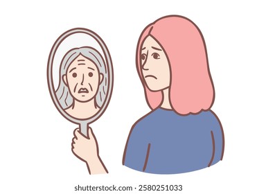 woman look in mirror find grey hair scared of early aging. Worried unhappy female feel stressed shocked become grey-haired. Hand drawn style vector design illustrations.
