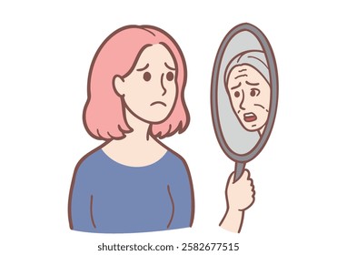 woman look in mirror find grey hair scared of early aging. Worried unhappy female feel stressed shocked become grey-haired. Hand drawn style vector design illustrations.
