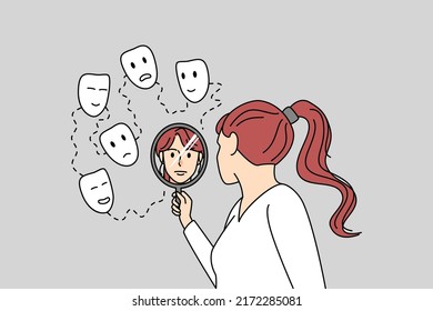Woman look in mirror see different faces  Girl feel happy  sad   joyful  Concept being honest and yourself  Vector illustration  