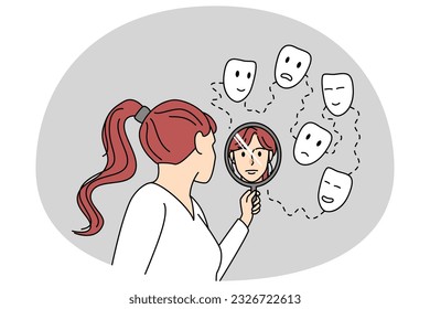 Woman look in mirror see different faces. Girl feel happy, sad and joyful. Concept of being honest with yourself. Vector illustration.