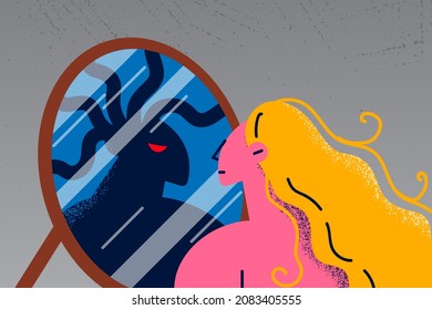 Woman look in mirror see scary evil inner world personality. Female discover explore true self meet shadow individual in reflection. Masks off. Psychological problem concept. Vector illustration. 