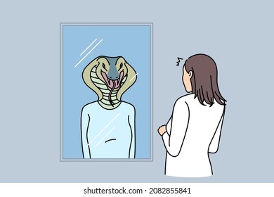 Woman look in mirror see snake reflection worried about evil inner nature. Back view of girl see shadow bad self-identity. Psychological or mental problem concept. Flat vector illustration. 
