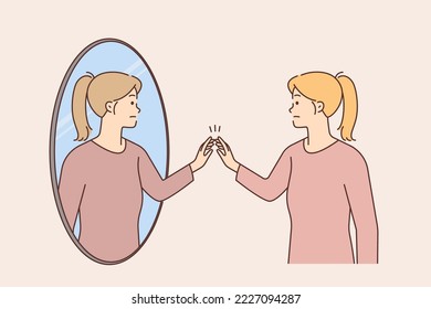 Woman look in mirror talk to other self  Distressed girl suffer from bipolar disorder psychological problems  Vector illustration  