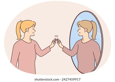 Woman look in mirror talk to other self. Distressed girl suffer from bipolar disorder or psychological problems. Vector illustration.