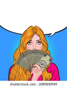 woman look up and show lot of money in hand  pop art comics style.