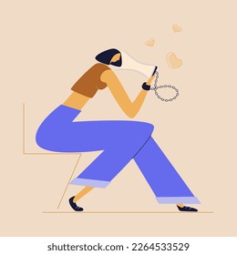 The woman look in smartphone and chatting in virtual social network. She has addiction, bad habit.  Vector illustration about people connection a chain with device, online game. SAVE YOURSELF.