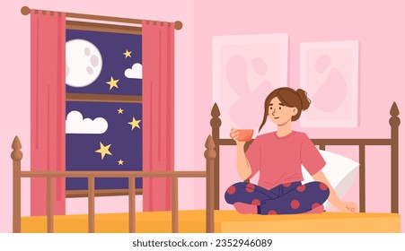 Woman look at stars through window. Young girl sitting with hot drink and look at night sky. Comfort and coziness, calmness indoor. Evening rest and leisure. Cartoon flat vector illustration