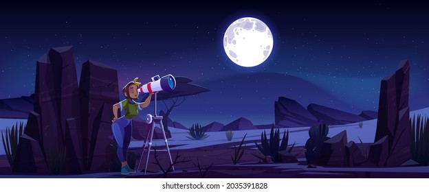 Frauen sehen im Teleskop, neugierige junge Mädchen erforschen Mond und Sterne am dunklen Nachthimmel. Astronomie-naturwissenschaftliches Lernen, Weltraumforschung, Galaxie-Beobachtung, Hobby oder Studium, Cartoon-Vektorgrafik