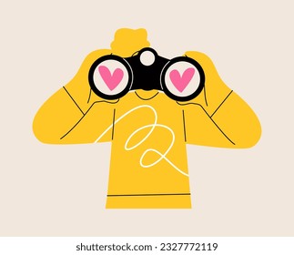 Woman look through binoculars and searching love. Colorful vector illustration