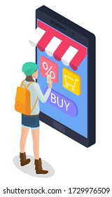 Woman look at virtual shop on smartphone. Lady buy products, make purchases through internet. Customer use gadget for online shopping. Vector illustration of electronic commerce in flat style