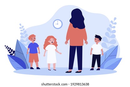 Woman looking after upset children. Mother, babysitter, crying kids. Flat vector illustration. Daycare, nanny job, kindergarten concept for banner, website design or landing web page