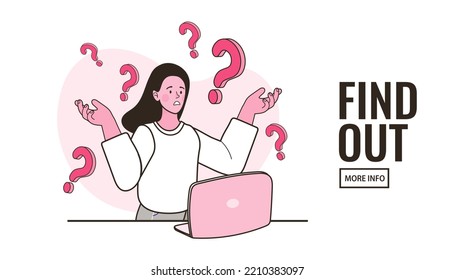 Woman looking for answer in the Internet. Worker or student character does not understand the task and asks a question. Search for information. Problem and solution. Vector outline flat illustration.