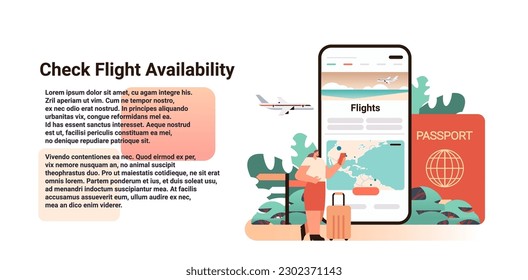 woman looking for available cheapest tickets via mobile app online booking searching for flight service concept
