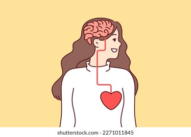 Woman looking away with visual demonstration of connection between brain and heart influencing person decision. Anatomical features of structure of body of woman for educational literature for doctors